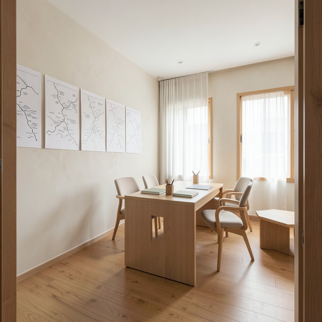 Bright Yan Nawa studio with journey maps pinned along a plaster wall