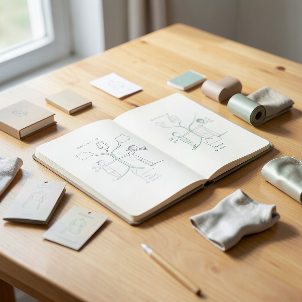 Notebook sketches of customer path stages beside product packaging samples