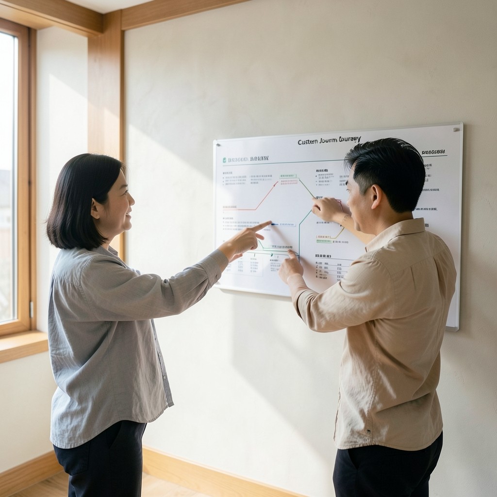 Two colleagues discussing a wall-mounted customer journey board in an office