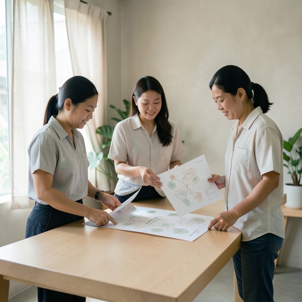 Commerce colleagues reviewing customer journey drawings in a bright Bangkok studio