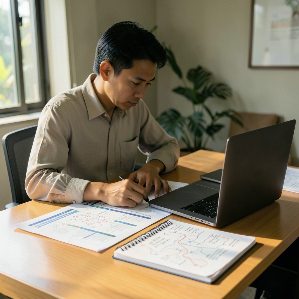 Analyst studying printed commerce reports beside a laptop in a bright office