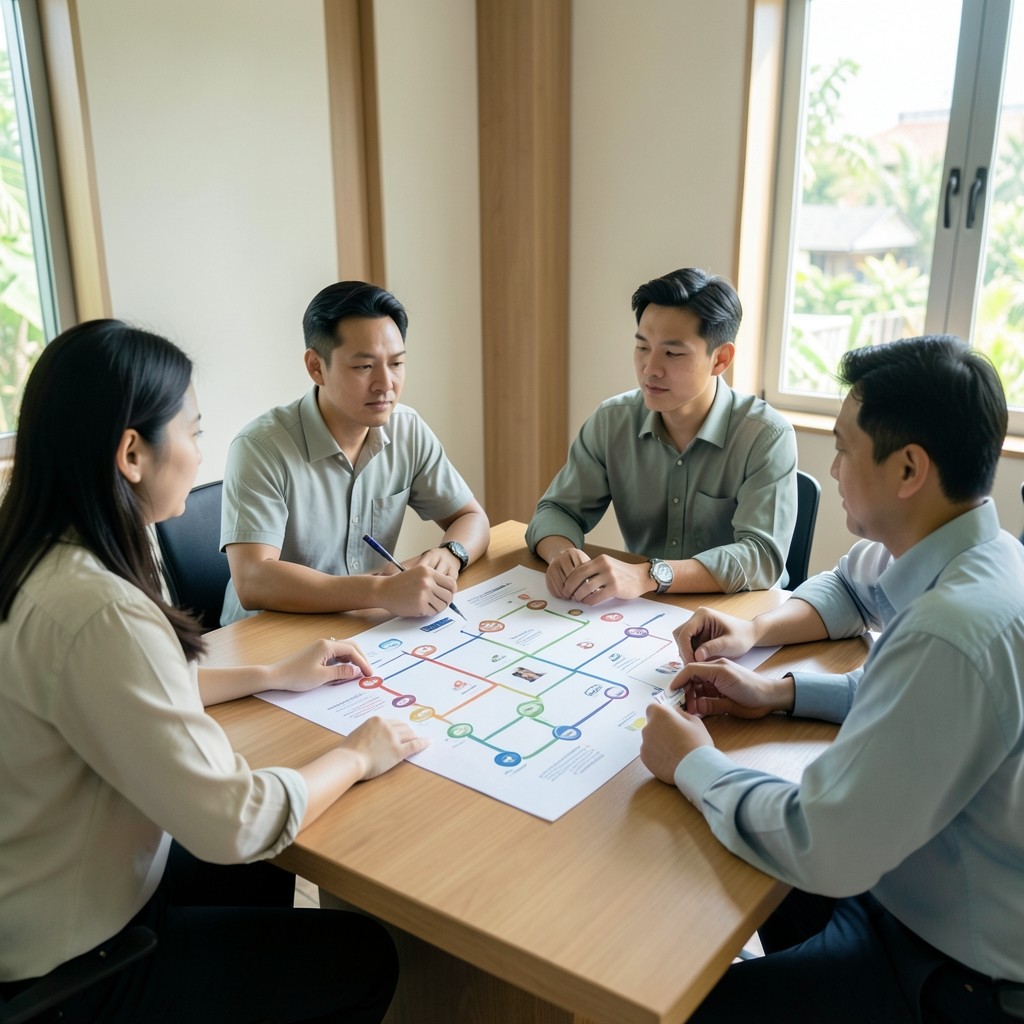 Commerce team reviewing a printed customer journey map on a large table